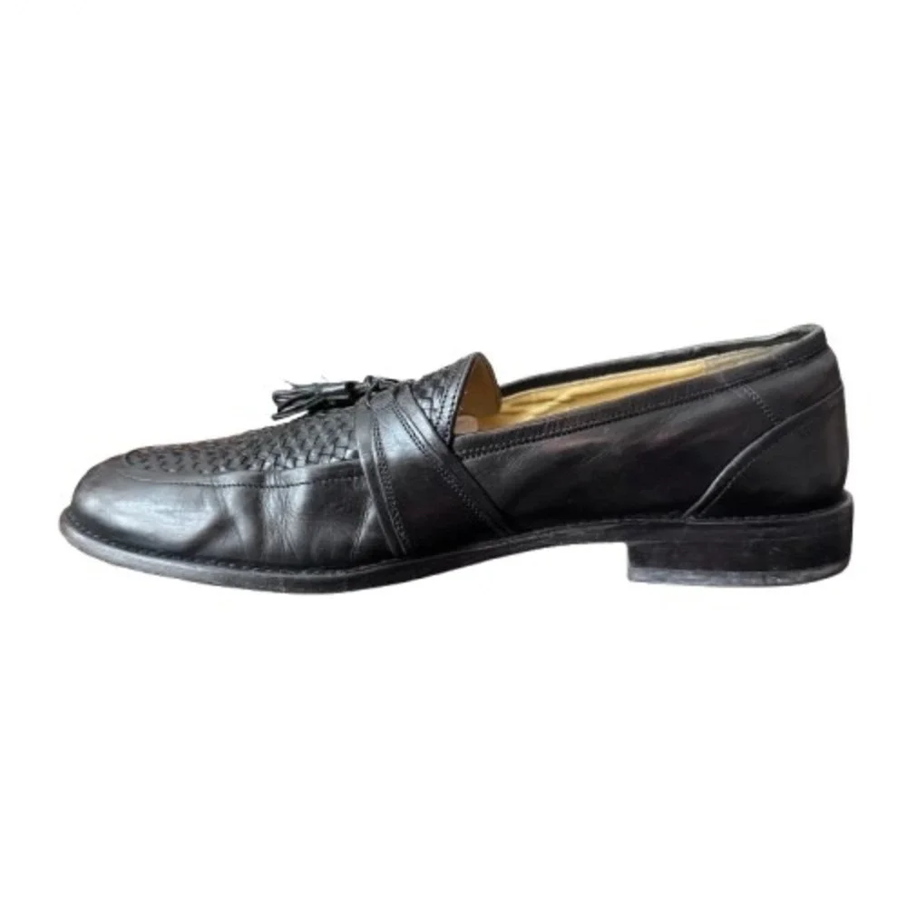 Johnston & Murphy 10.5 Black Leather Woven Tassel Loafer Shoes Mens Preppy - Picture 5 of 10